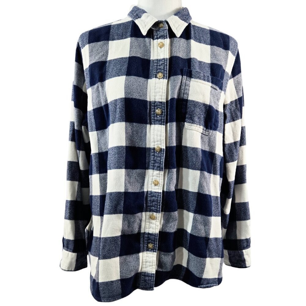 L. L. Bean 100% Organic Cotton Navy Blue White Gingham Flannel Shirt 506162